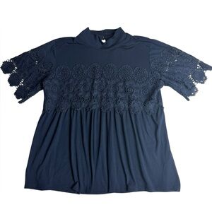 Shannon Ford New York Navy Lace Mock Neck Top‎ (Size XL)